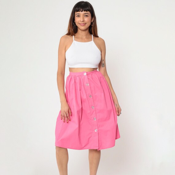 Vintage Bright Pink Button Up Skirt 80s Midi Skirt Summer Boho High Waisted 1980s Gathered Full Skirt Hippie Festival Small 4