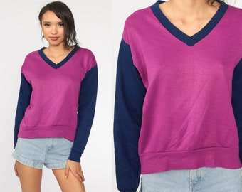 80s Sweatshirt Purple Blue Color Block Sweatshirt V Neck Slouchy 1980s Athleisure Lounge Vintage Loungewear Medium