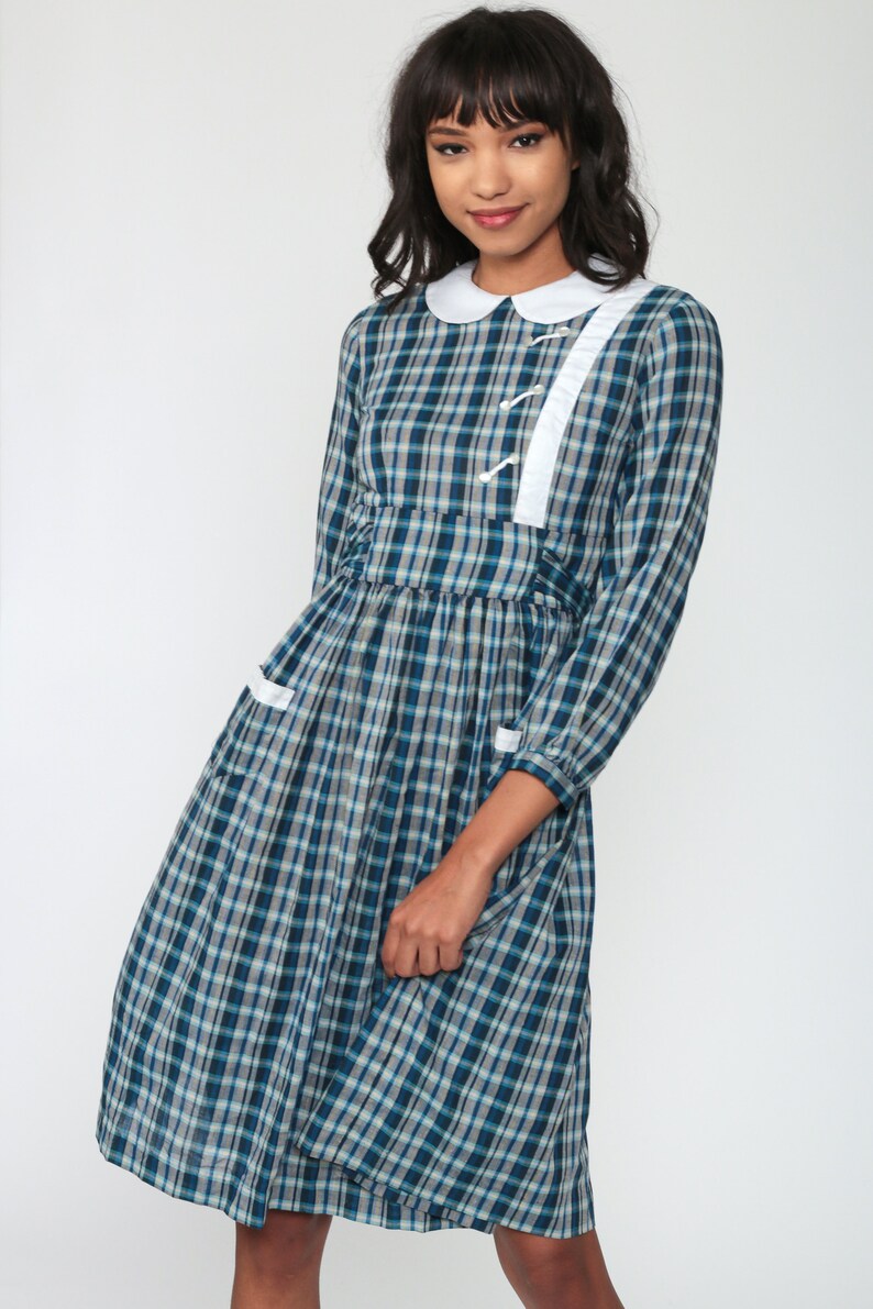 Plaid Babydoll Dress 60s Midi Dress PETER PAN Collar Blue Etsy