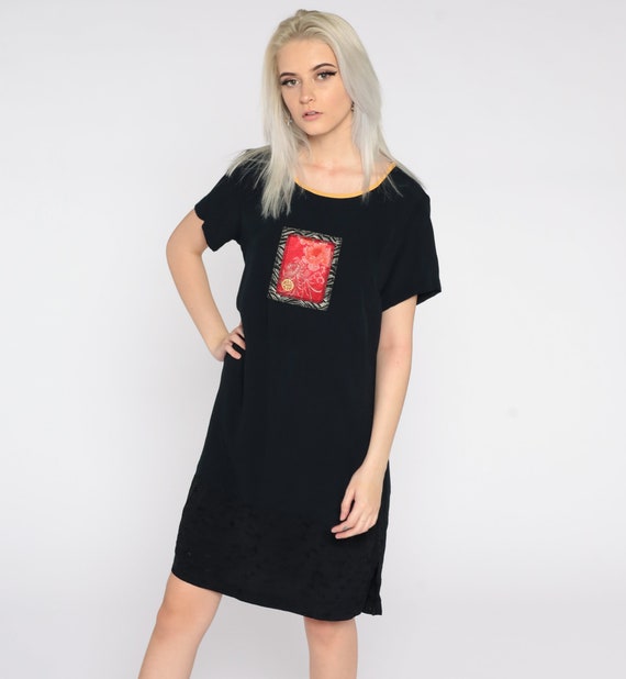 Black Mini Dress Asian Inspired Sheath Dress 90s Floral Hawaiian Short Sleeve Vintage 1990s Simple Plain Shift Oversize Small S