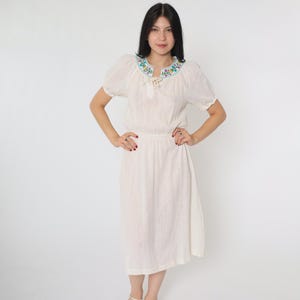 70s Peasant Dress Floral Embroidered Off-White Gauze Dress Boho Midi Vintage 1970s Hippie Bohemian High Waisted Lace Up Summer Small