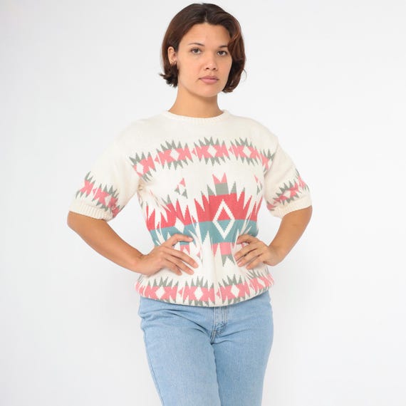 Vintage Southwest Sweater Top 80s Off-White Southwestern Knit Top Coral Pink Blue Geometric Short Sleeve Top 1980s Graphic Cotton Medium