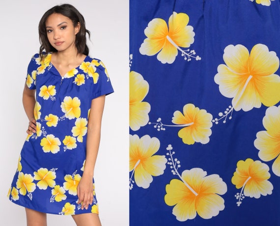 Hawaiian Tent Dress 80s Floral Mini Dress Tropica… - image 1