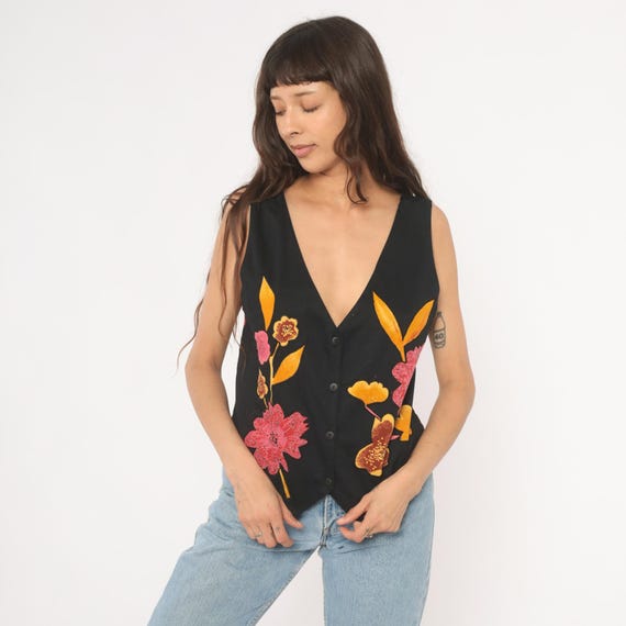 90s Floral Vest Black Sleeveless V Neck Waistcoat Pink Gold Flower Tie Back Cotton Top Willow Ridge Dark Cottagecore Blouse Women Medium M