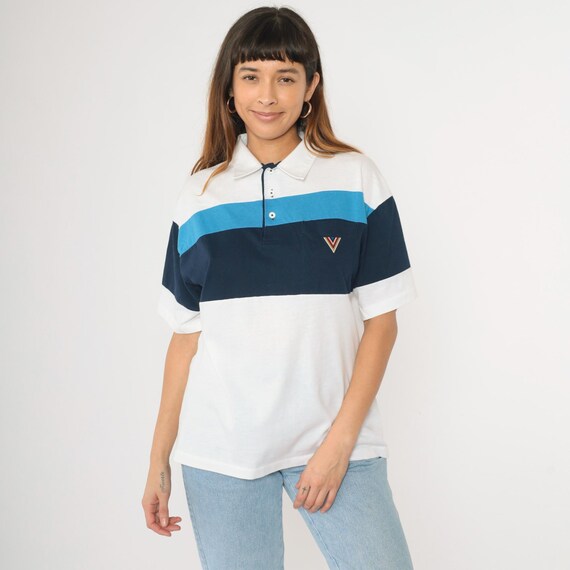 80s Striped Polo Shirt White Navy Blue Collared T-shirt Quarter Button Up Preppy Casual Chest Pocket Vintage 1980s Large L