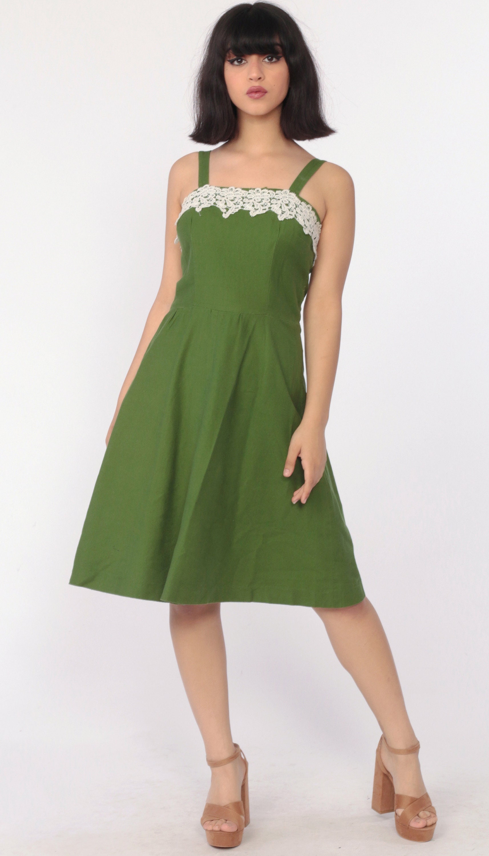 Green Sundress 1960s Dress FLORAL LACE Garden Party 60s Cotton Day Sun
