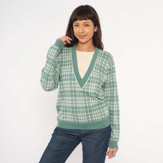 Green Plaid Sweater 80s V Neck Pullover Sage Cream Check Print Knit Top Long Sleeve Ribbed Trim Collegiate Preppy Vintage Sweatshirt Small S