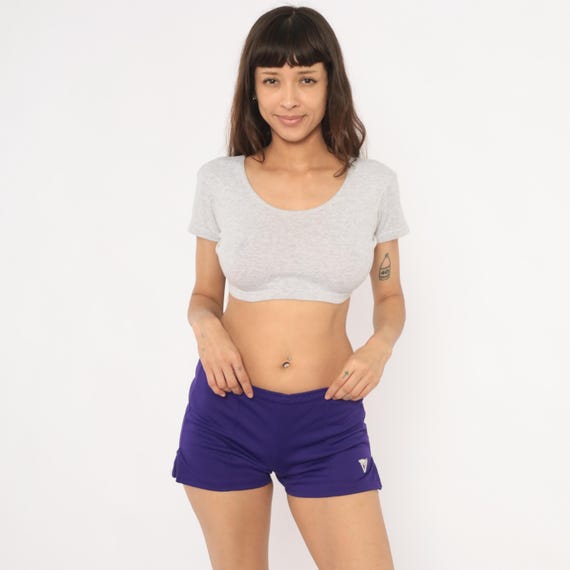 90s Purple Athletic Shorts Varsity Brand Violet Sport Short Elastic Waist Running Gym Workout Plum Grape Mini Sporty Vintage Womens Small S