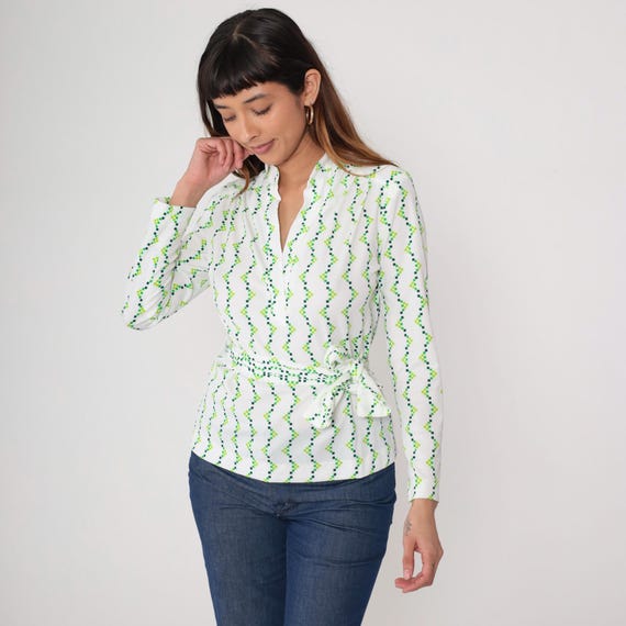 Vintage 70s White Green Geometric Print Blouse Long Sleeve Wrap Style V Neck Top Abstract Mod Pattern Retro Disco Shirt Small S