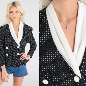 Polka Dot Blouse 80s Double Breasted Black Top Button Up Shirt Blouse Long Sleeve Vintage 1980s Blazer Top V Neck White Medium 8 image 1