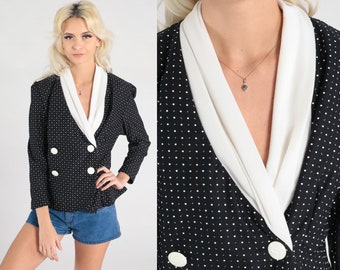 Polka Dot Blouse 80s Double Breasted Black Top Button Up Shirt Blouse Long Sleeve Vintage 1980s Blazer Top V Neck White Medium 8