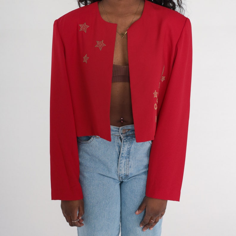 Red Cropped Jacket 90s Gold Star Jacket Embroidered Open Front Blazer Preppy Jacket Crop Coat Short Vintage 1990s Extra Large xl image 6