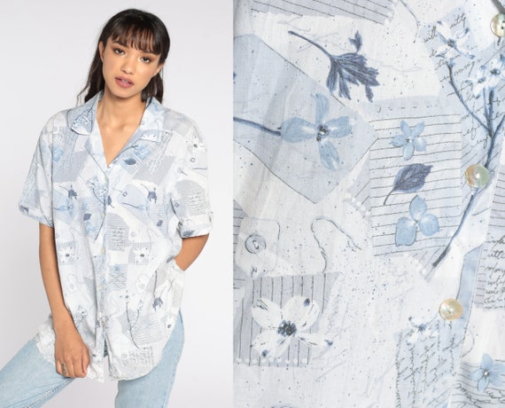 90s Button Up Shirt Floral Blouse White Blue Shirt Short Sleeve Top Boho 1990s Vintage 3xl xxxl 3x 20