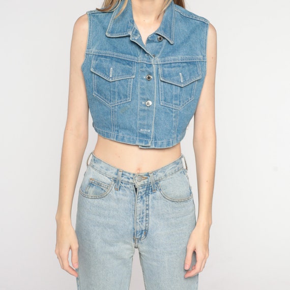 90s Cropped Denim Vest Blue Jean Crop Top Sleevel… - image 7