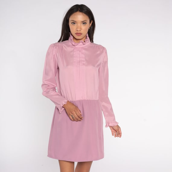 Pink Mini Dress 70s Ruffle Neckline High Waisted Party Puff Sleeve Vintage PDress eated Tuxedo Simple Plain Dress 1970s Medium