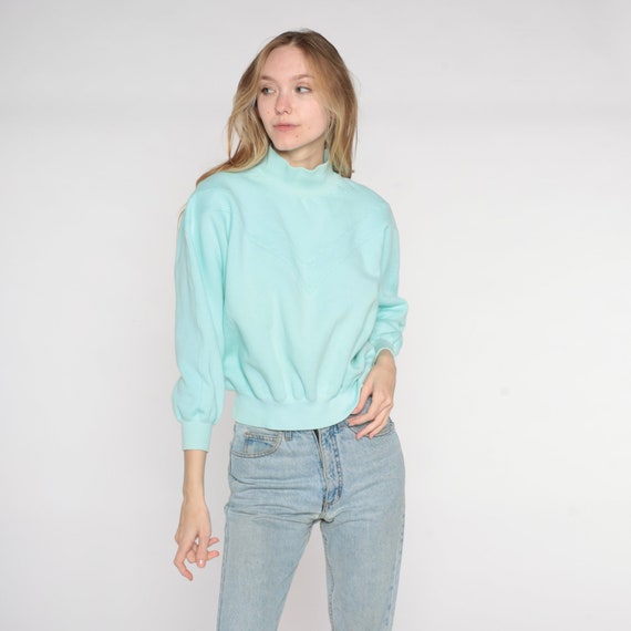 Vintage Light Turquoise Sweatshirt 80s Chevron Striped Mock Neck Sweatshirt Retro Plain Basic Hipster Blue Pullover Normcore 1980s Medium M