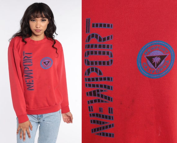 Newport Beach Sweatshirt 90s California Sweatshirt Retro Slouchy Jumper Pullover Red 1990s Vintage Small Medium