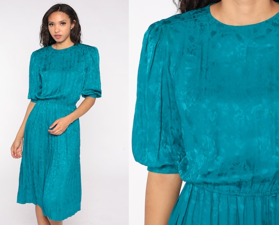 Teal Silk Dress 90s Grunge Midi Dress Floral Print Puff Sleeve High Waist Pleated Skirt Boho Vintage Blouson Dress Bohemian 1990s  Small S