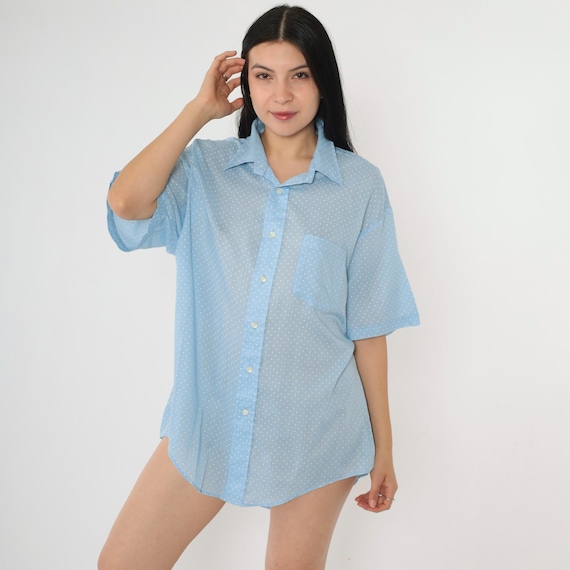 Vintage Polka Dot Disco Shirt 70s Sheer Baby Blue Button Up Dagger Collar Retro Seventies Boho 1970s Men's Extra Large xl 17-17 1/2