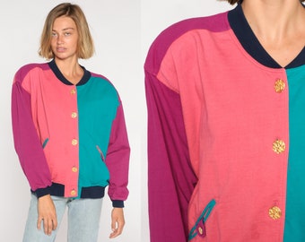 Color Block Cardigan 90s Button Up Sweatshirt Retro Jacket Hipster Pink Purple Green Streetwear Vintage 1990s Cotton Oversize Medium M