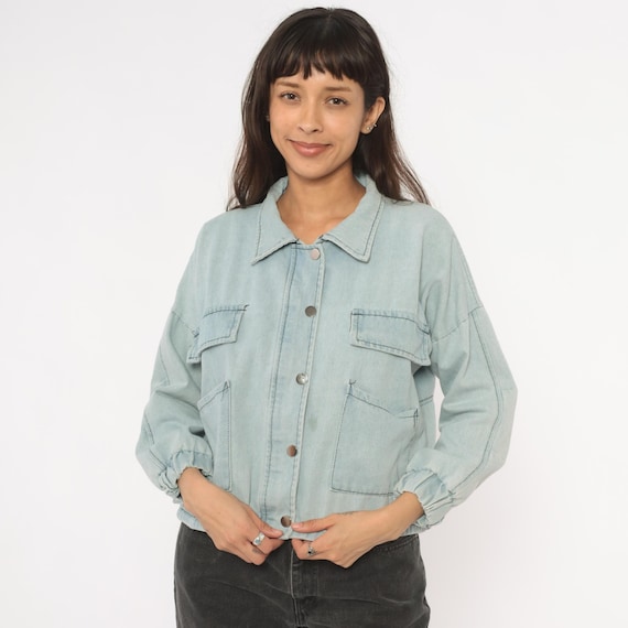 Light Wash Denim Shacket 2000s Crop Jacket Powder Blue Cotton Four Pocket Boxy Utility Coat Shirt Workwear Trucker Chore Spring Small S