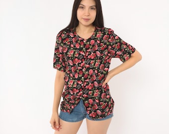 90s Rose Print Blouse Black Pink Floral Button Front Short Sleeve Top Cottagecore Prairie Garden Party Summer Shirt Romantic Vintage Small S
