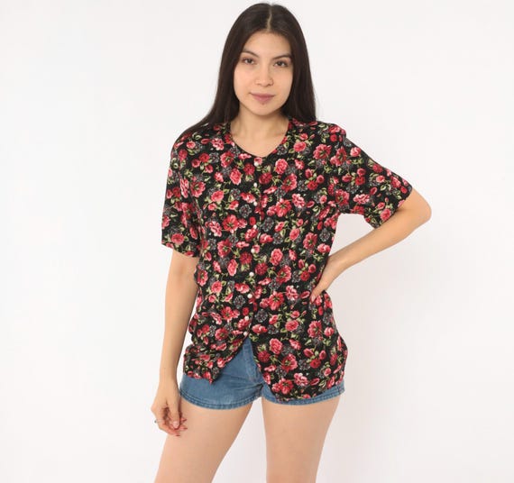 90s Rose Print Blouse Black Pink Floral Button Front Short Sleeve Top Cottagecore Prairie Garden Party Summer Shirt Romantic Vintage Small S