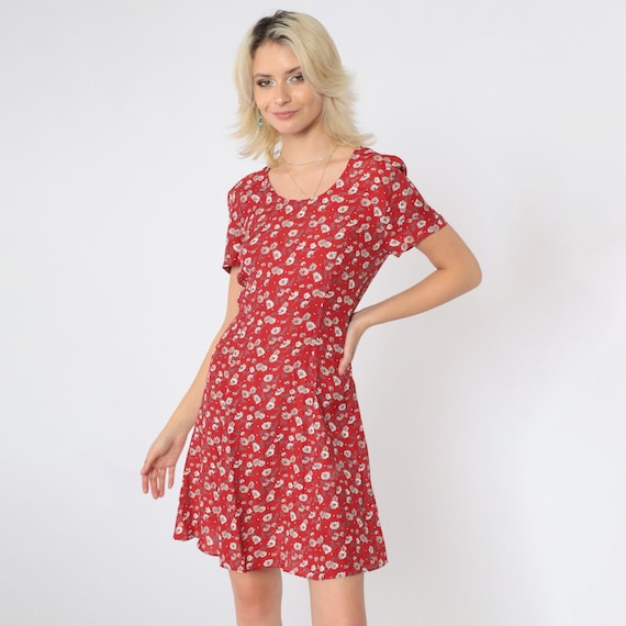 Vintage Floral Mini Dress 90s Red Fit and Flare Dress Grunge Ditsy Summer Retro 1990s Boho Short Sleeve Scoop Neck Rampage Small S