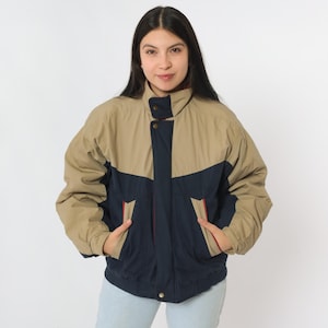 80s Ski Jacket Puffer Jacket Tan Navy Blue Color Block Zip Up Puffy Coat Retro Skiwear Winter Bomber Vintage 1980s McGregor Men's Small S