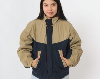 80s Ski Jacket Puffer Jacket Tan Navy Blue Color Block Zip Up Puffy Coat Retro Skiwear Winter Bomber Vintage 1980s McGregor Men's Small S