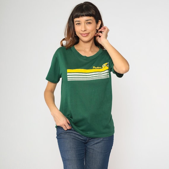 Vintage 80s Green Bay Packers T-Shirt Green Striped Graphic Short Sleeve Crew Neck NFL Football Tee Garan USA 1980s Medium Large