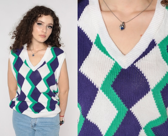 Geometric Sweater Vest Top 90s White Checkered Sleeveless Sweater Tank 1990s Sleeveless V Neck Pullover Vintage Green Purple Medium Large