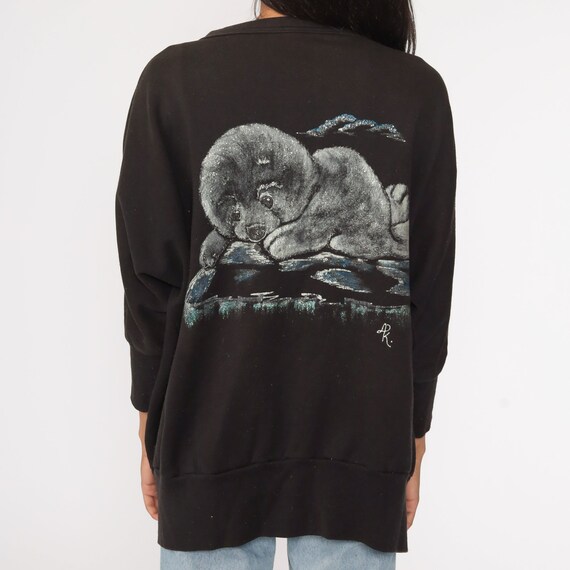 Baby Seal Cardigan Sweatshirt Black Hand Painted Shirt 80s Graphic Animal Sweatshirt 90s Vintage Open Front Small Medium Large