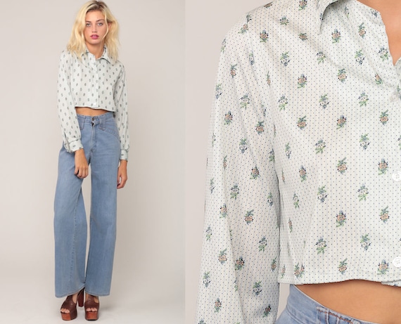 Boho Crop Top Floral Blouse 70s Button Up Shirt Bohemian Cropped Shirt 1970s Vintage Boho Hippie Blue White Long Sleeve Small Medium