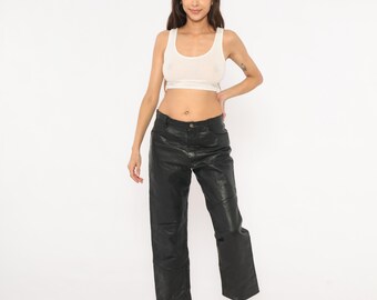 90s Black Leather Pants Straight Leg Five Pocket Paneled Knee Moto Style Trousers Biker Vintage Zip Fly Mid Rise Lined Slacks 31 Medium M