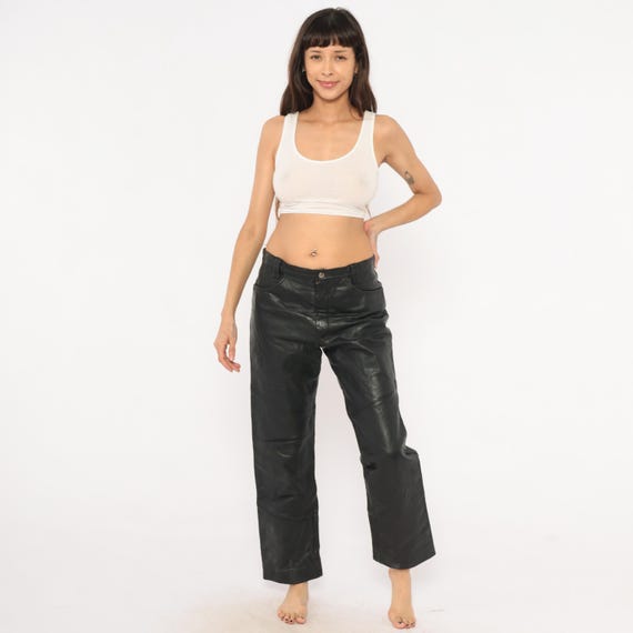 90s Black Leather Pants Straight Leg Five Pocket Paneled Knee Moto Style Trousers Biker Vintage Zip Fly Mid Rise Lined Slacks 31 Medium M