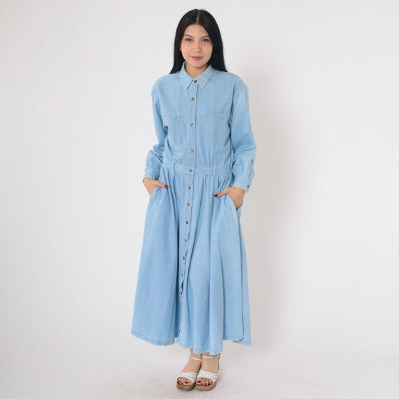 90s Denim Midi Dress Blue Jean Shirtdress Button Up High Waisted Collared 1990s Grunge Normcore Vintage Retro Long Sleeve Pocket Medium