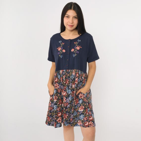 90s Short Floral Dress Navy Blue Mini Grunge Embroidered Dress Button Up Summer 1990s High Waist Pocket Grunge Short Sleeve Medium M