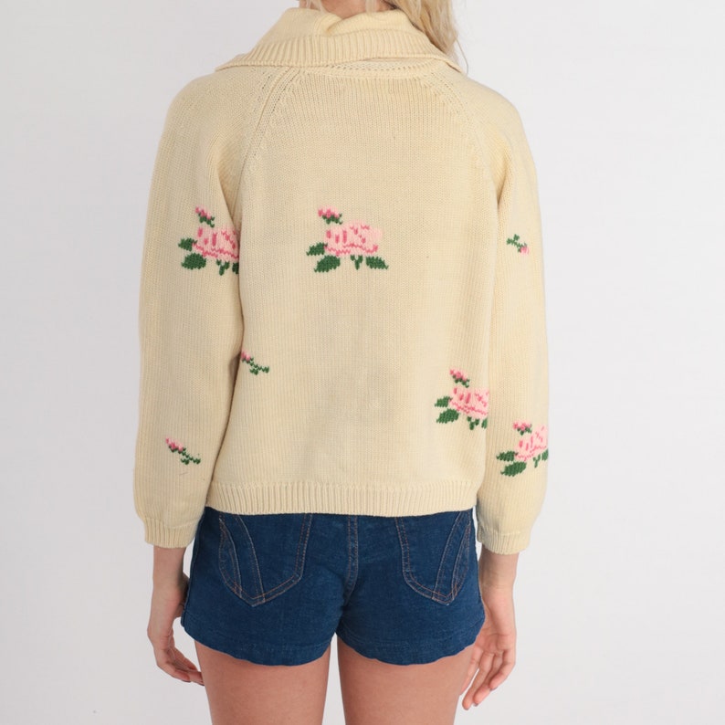 Cream Floral Cardigan 70s Wool Button up Knit Sweater Rose Flower Print Shawl Collar Retro Grandma Bohemian Pink Vintage 1970s Medium M image 6