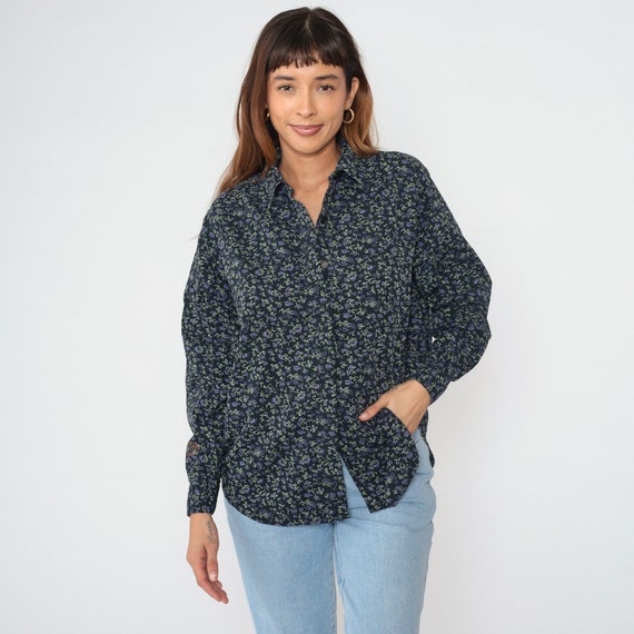 Black Floral Blouse 90s Corduroy Shirt Button up Top Long Sleeve Collared Ditsy Flower Print Retro Boho Hippie Bohemian Vintage 1990s Large