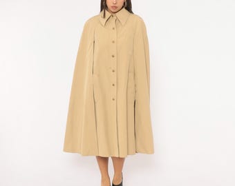 70s Beige Cape Coat Button Front Camel Tan Knee Length Pointed Collar Patch Pocket Trench Cloak A Line Jacket Khaki Vintage Medium M
