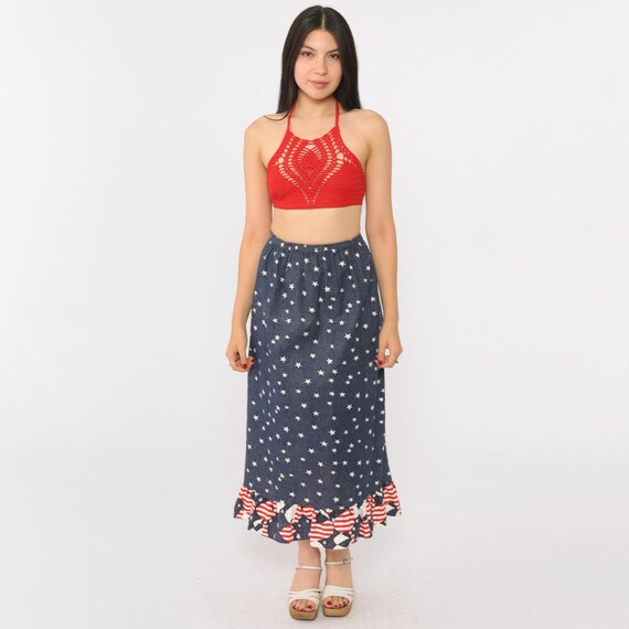Vintage Patriotic Skirt 90s Faux Denim American Flag Star Print Ruffle Hem Hearts Red White Blue Elastic Waist 1990s Midi USA Small xs