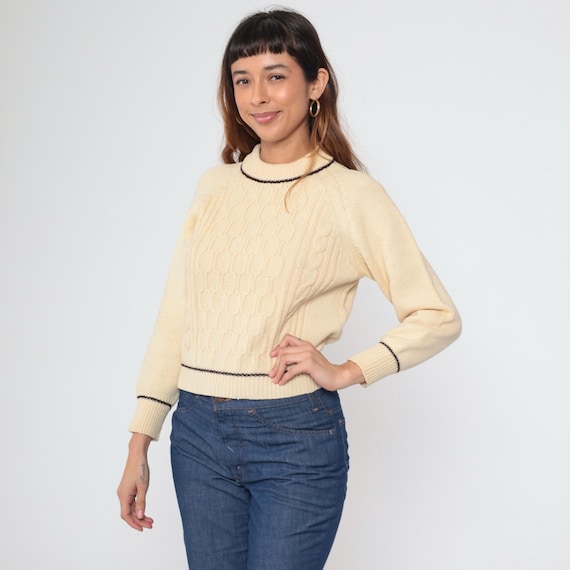 Vintage 60s Cable Knit Sweater Cream Ringer Pullover Boho Bohemian Raglan Sleeve Sweater Honeycomb Textured Knitwear Cropped 1960s Small