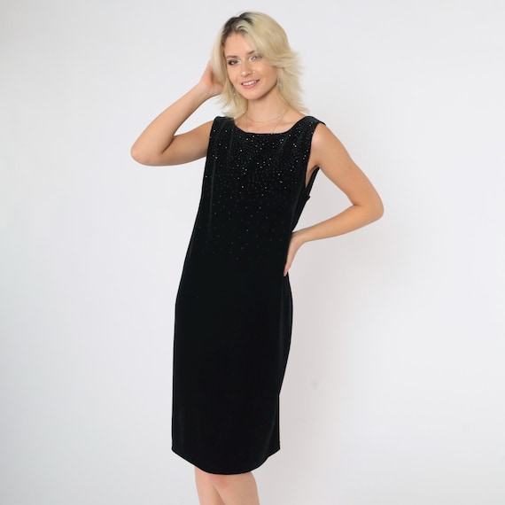Vintage Sparkly Velvet Dress 90s Black Party Dress Low Open Back Glittery Sleeveless Shift Midi Cocktail Velour Goth Large 12