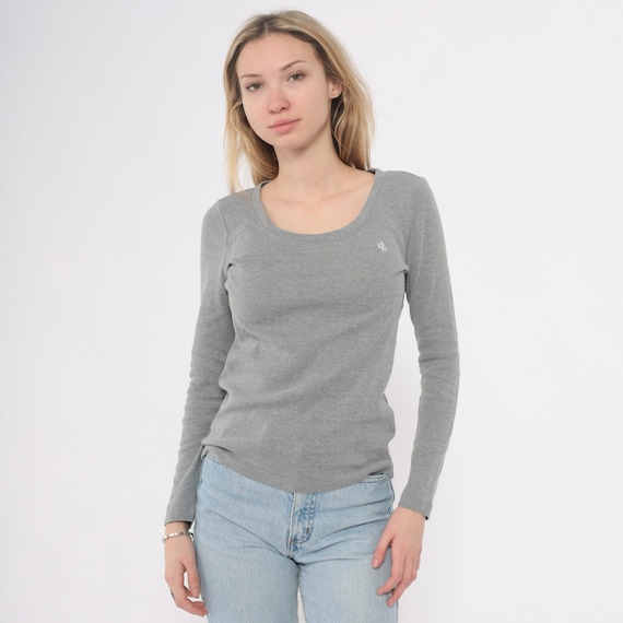 Y2K Ralph Lauren Grey Long Sleeve Top Scoop Neck Minimalist Basic Tee Shirt Casual Clean Girl 90s 2000s Vintage Preppy Logo Medium M