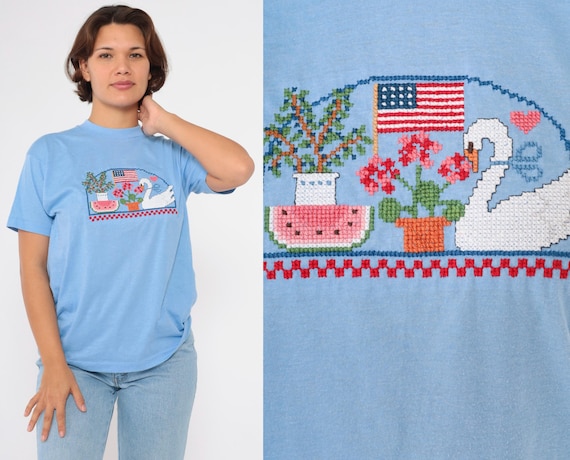 Patriotic Swan American Flag Embroidery T-Shirt Patriotic Swan American Flag Embroidery T-Shirt