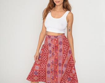 Paisley Wrap Skirt 70s Red Print Tie Waist Knee Length Ethnic Bohemian Hippie Festival Vintage Colorful Orange Blue Border Pattern Medium M