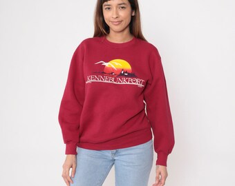 Sudadera vintage Kennebunkport Maine de los años 80 con diseño de gaviota náutica, faro, puesta de sol, playa, estilo retro, holgada, cuello redondo, jersey rojo de los años 80, talla mediana