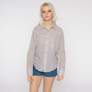 Rainbow Striped Blouse 80s Cotton Top Button Up Shirt Long Sleeve Top Vintage Retro Shirt Medium