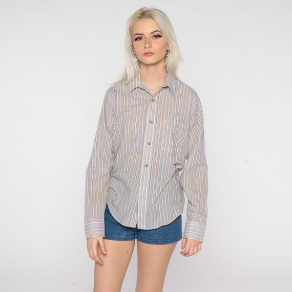 Rainbow Striped Blouse 80s Cotton Top Button Up Shirt Long Sleeve Top Vintage Retro Shirt Medium